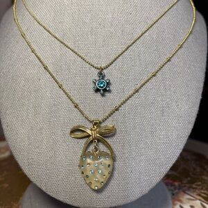 Signed Betsy Johnson Puffy heart pendant w blue crystal Gold tone Necklace